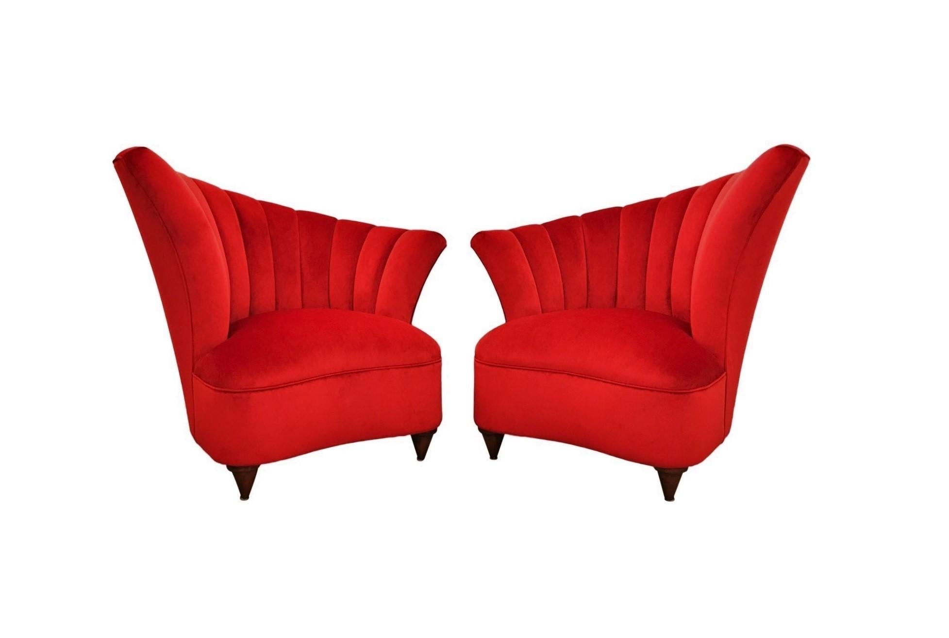 Hollywood Regency Scalloped Asymmetrical Red Velvet Chairs In Excellent Condition For Sale In Dallas, TX