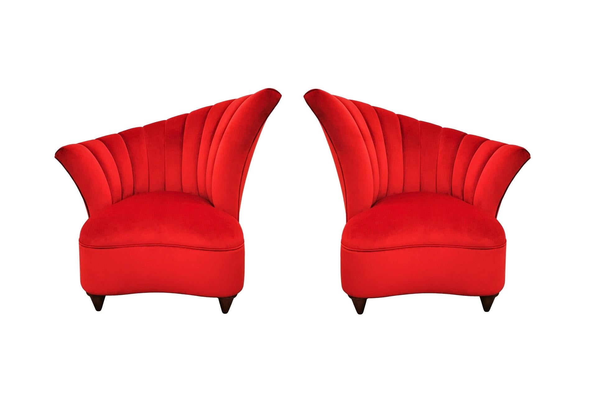 Hollywood Regency Scalloped Asymmetrical Red Velvet Chairs For Sale 4