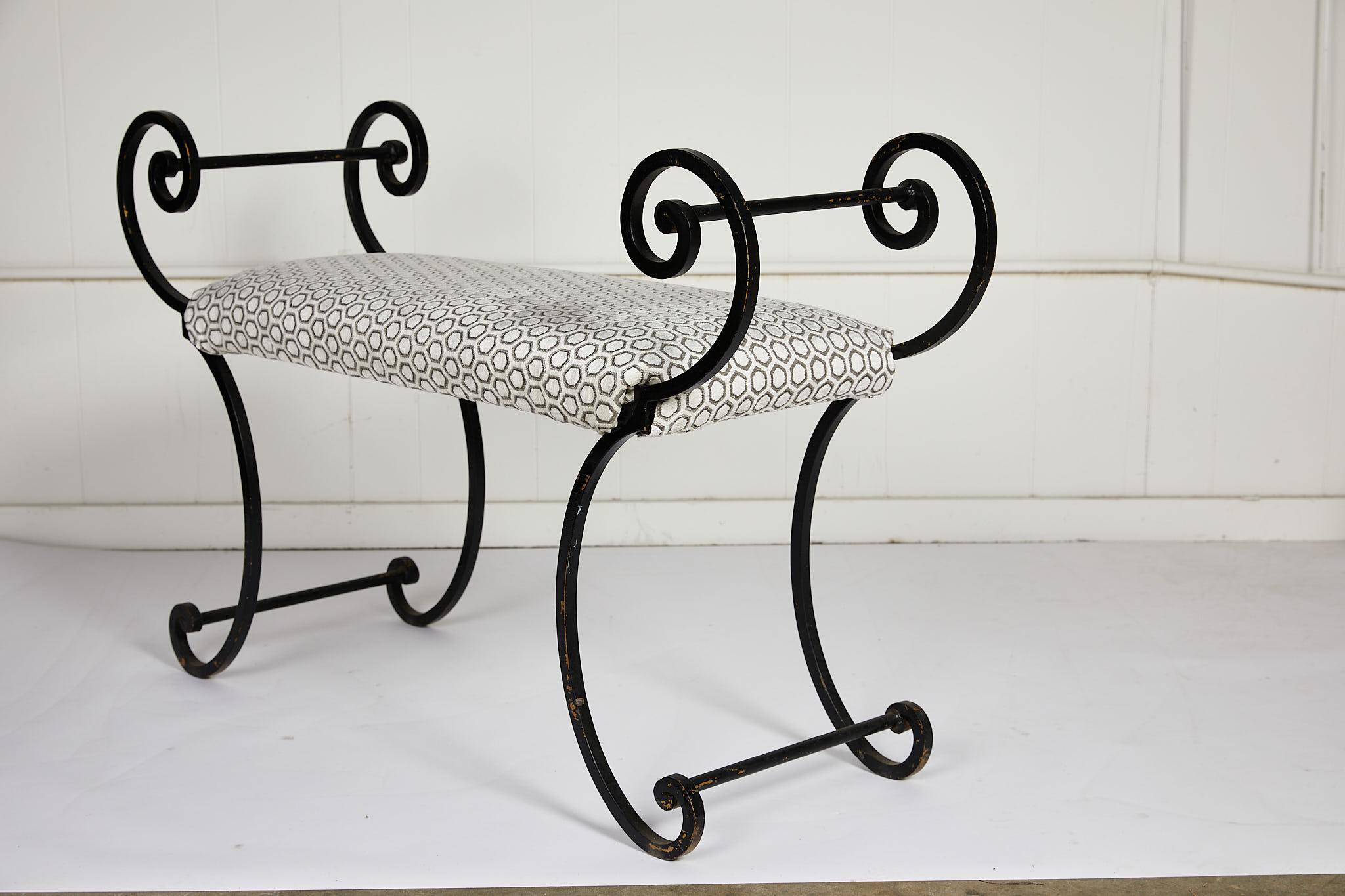 Hollywood Regency Scrolling Iron Bench in Jim Thompson Fabric In Good Condition In Atlanta, GA