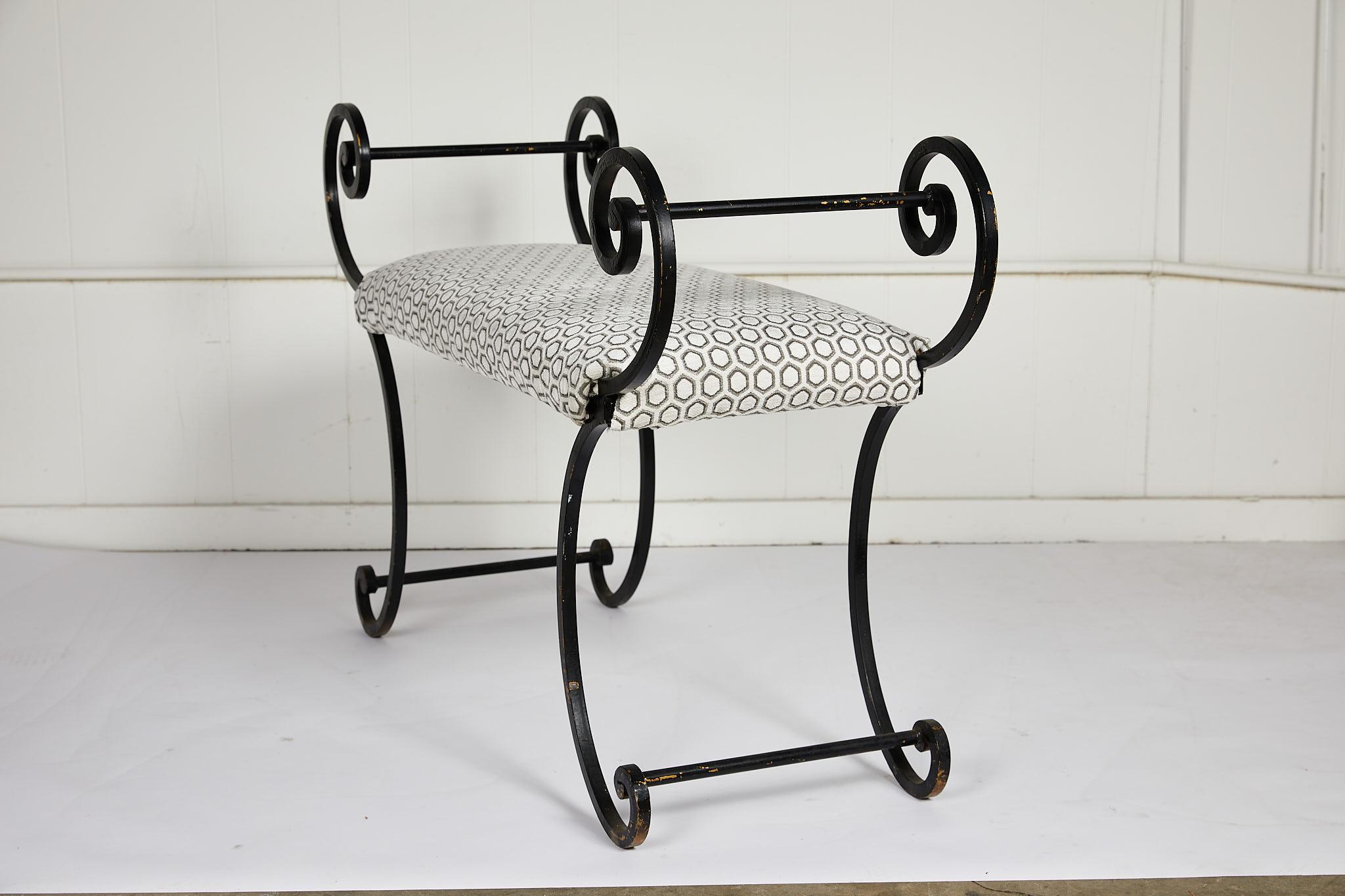 20th Century Hollywood Regency Scrolling Iron Bench in Jim Thompson Fabric