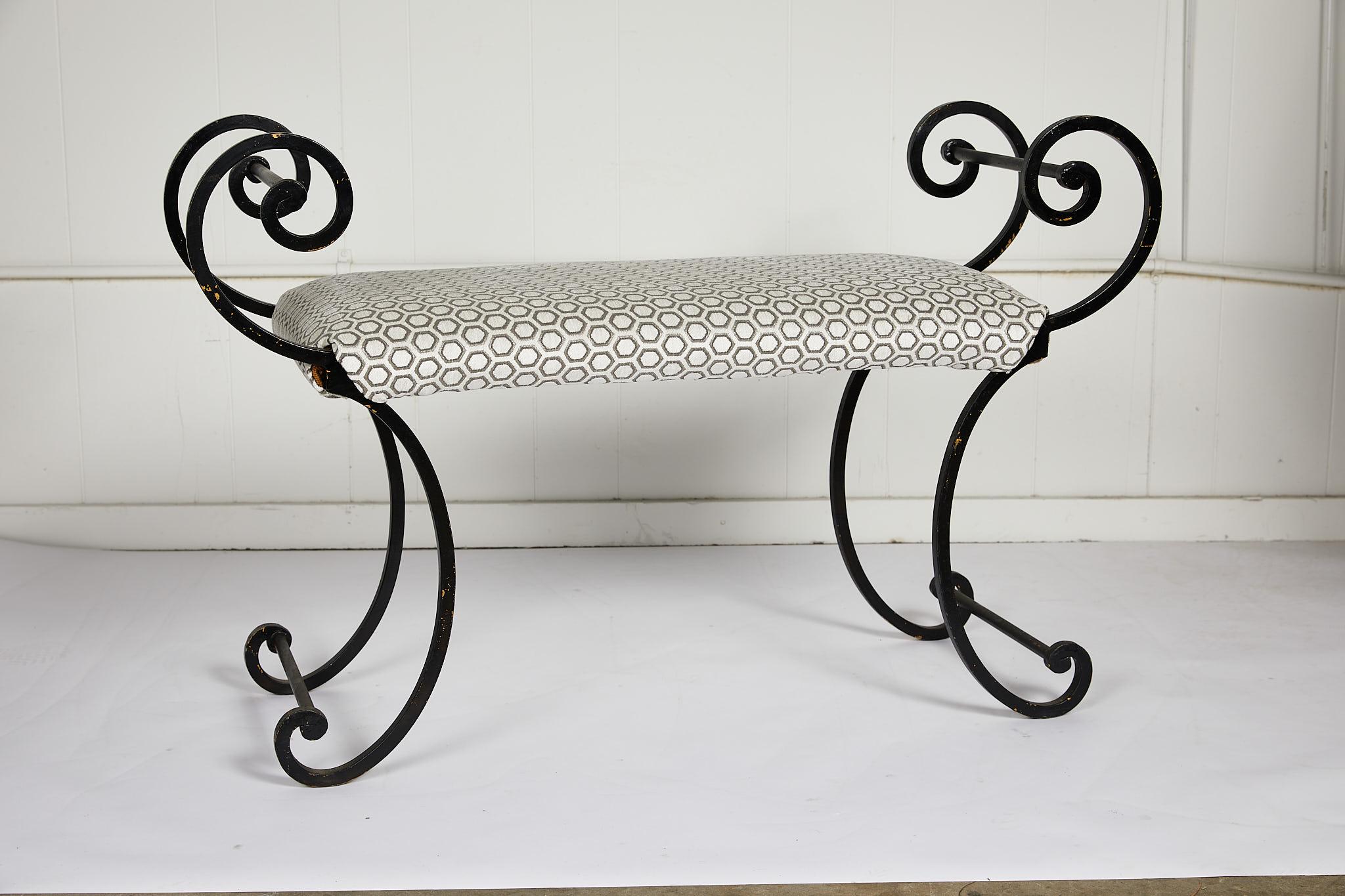 Hollywood Regency Scrolling Iron Bench in Jim Thompson Fabric 1