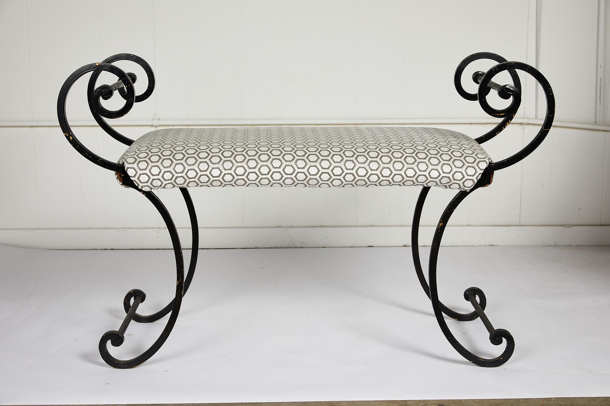 Hollywood Regency Scrolling Iron Bench in Jim Thompson Fabric 2