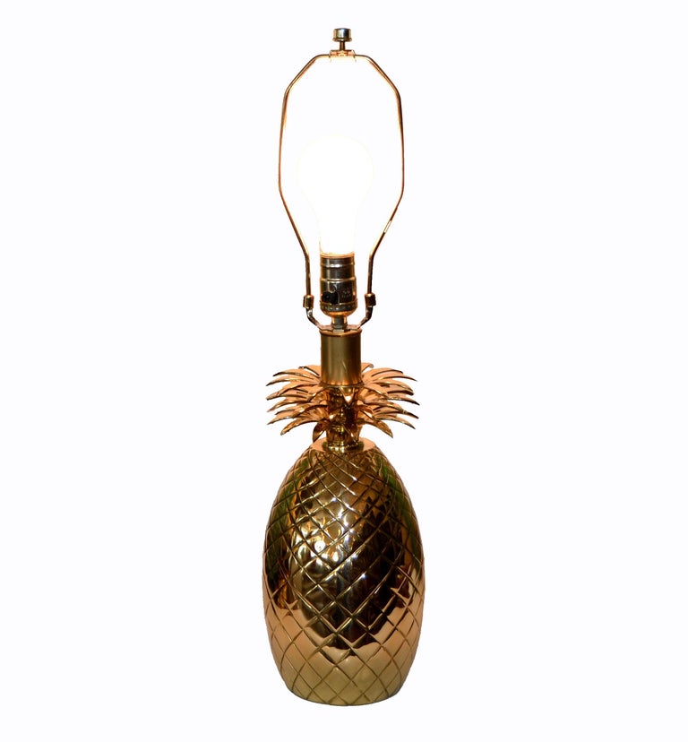 Hollywood Regency Sculptural Bronze Pineapple Table Lamp with Harp and