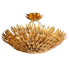 Hollywood Regency Sculptural Convex Gilded Feather Chandelier