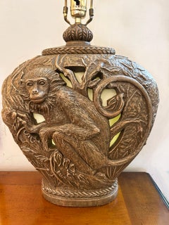 Hollywood Regency Sculptural Monkey Table Lamp, Original Finial