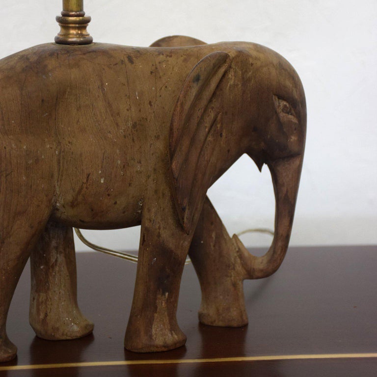 Hollywood Regency Sculptural Wood Elephant Table Lamp For Sale at 1stDibs