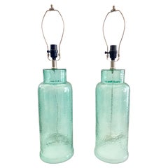 Retro Hollywood Regency Sea Color Textured Glass Table Lamps, a Pair