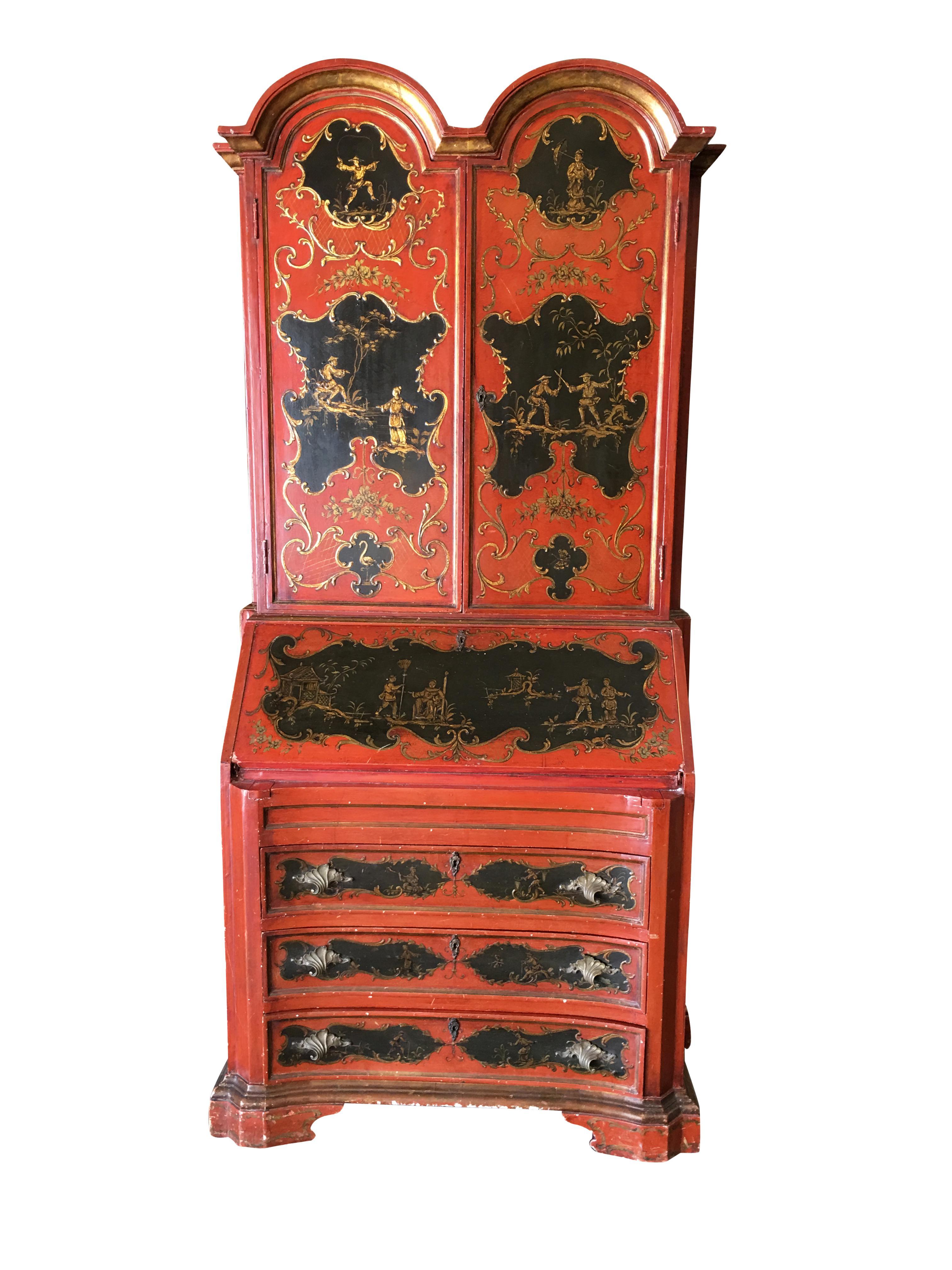 Hollywood Regency secretary desk secretaire bookcase with hand-painted Chinese motif featuring a breakfront cabinet with a small secretary desk in the middle and three drawers along the bottom. Circa 1950. This desk is in excellent