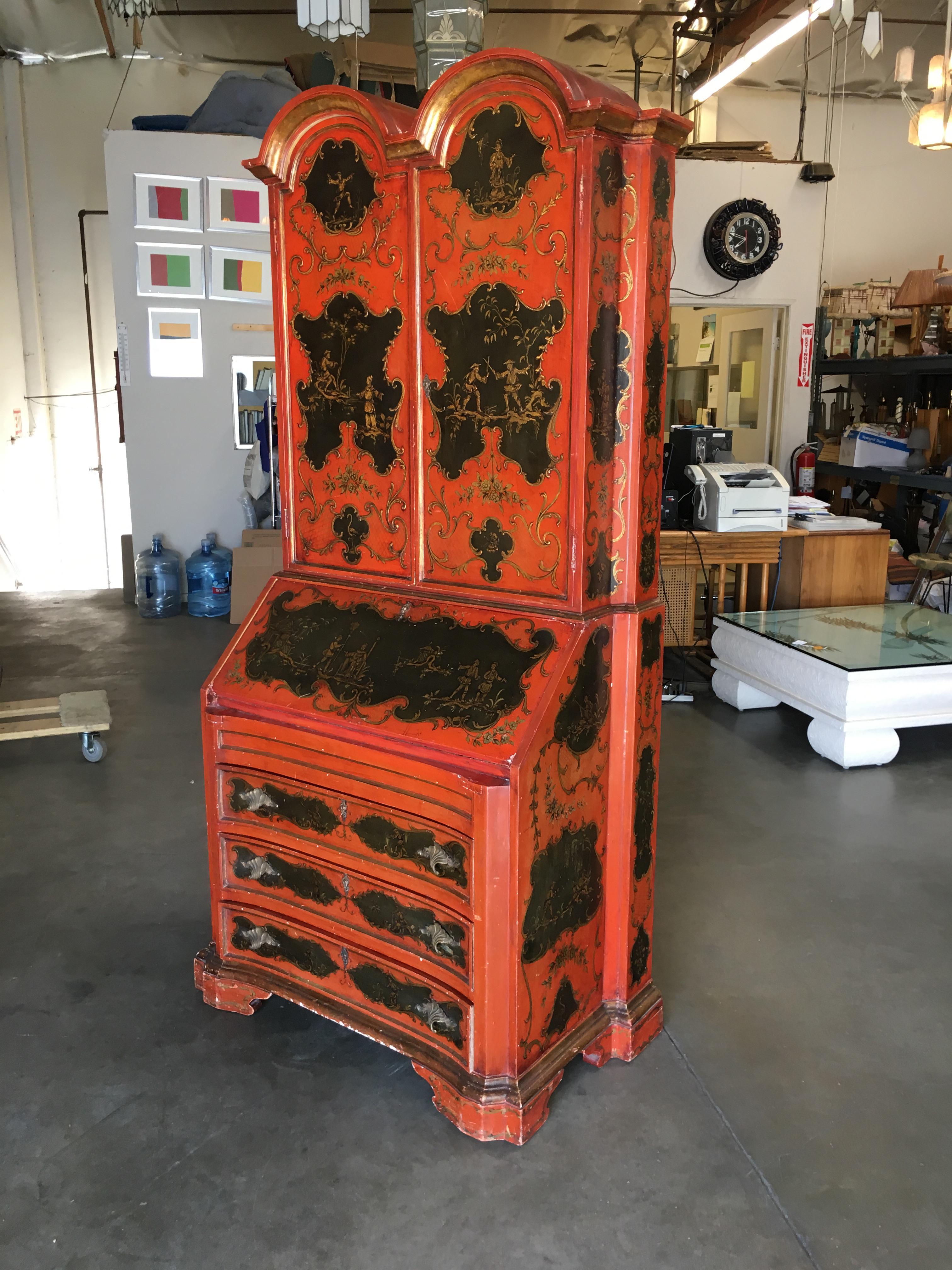 Mid-Century Modern Hollywood Regency Secretary Desk Secretaire Bookcase w/ Chinese Motif For Sale