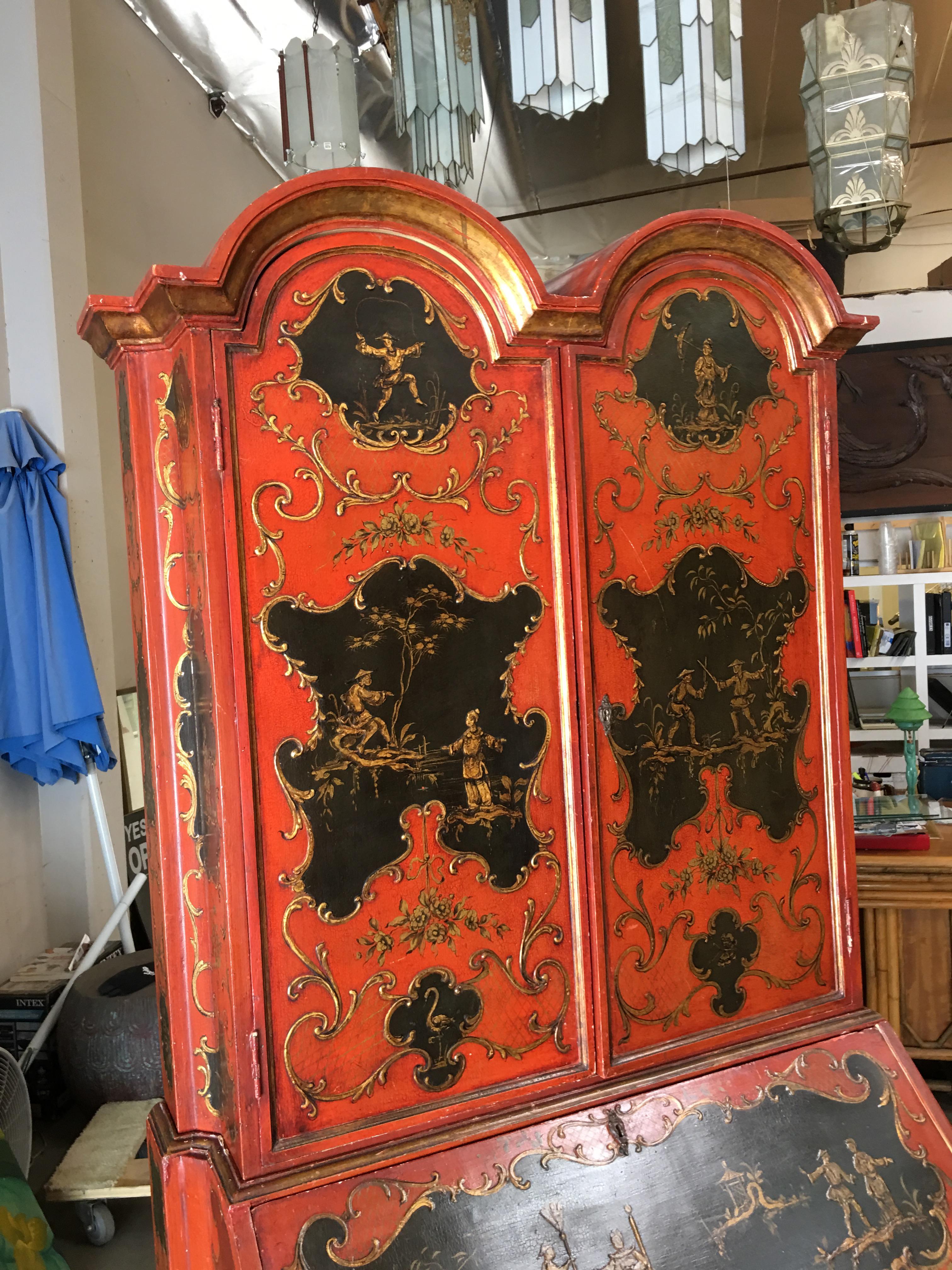 Wood Hollywood Regency Secretary Desk Secretaire Bookcase w/ Chinese Motif For Sale
