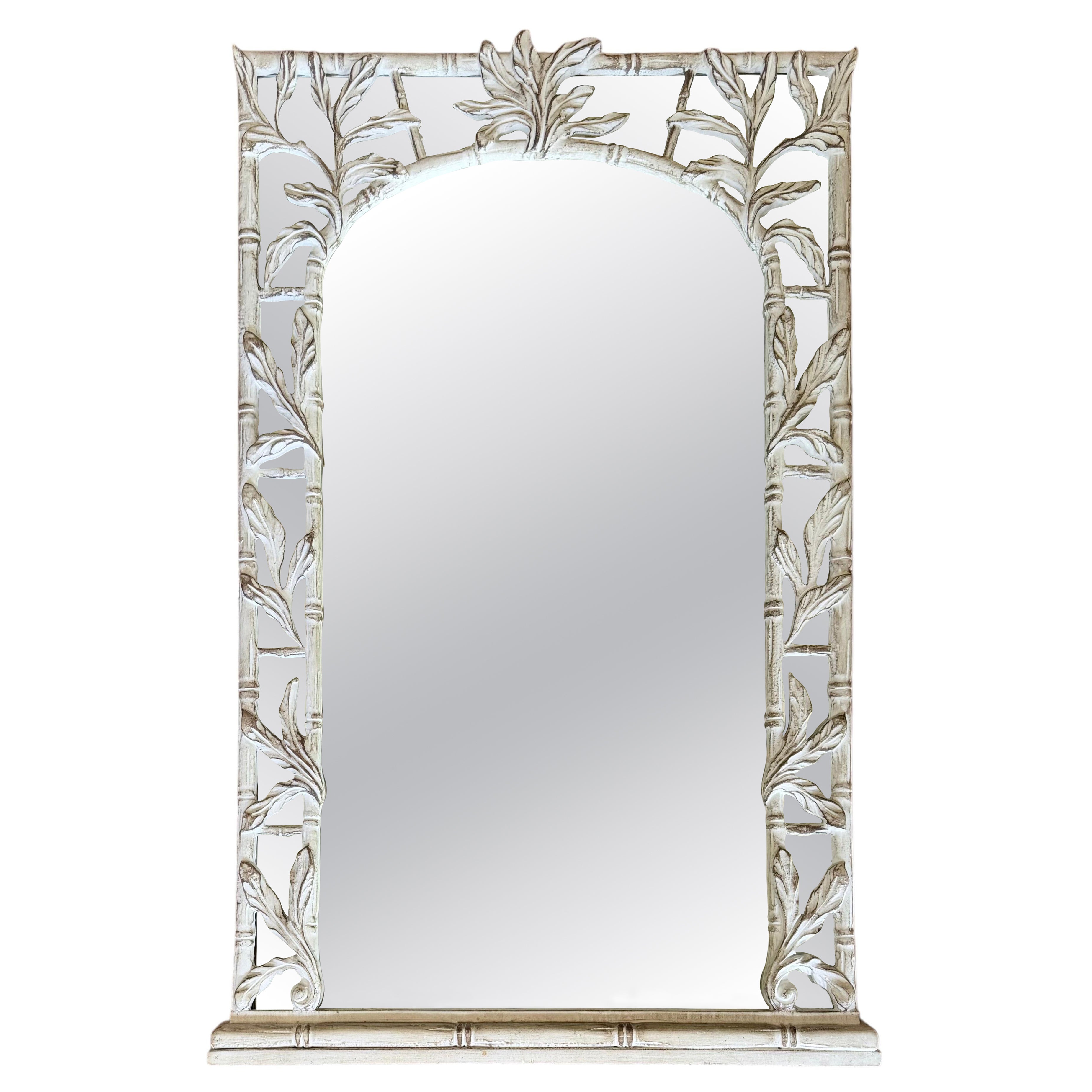 Hollywood Regency Serge Roche Style Carved Bamboo Palm Foliate Wall Mirror