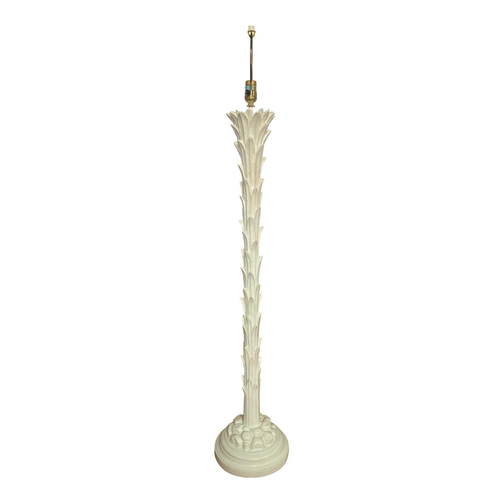 Mid-Century Modern Serge Roche style white plaster palm floor lamp by Chapman, dated 1972. This sculptural Hollywood Regency style lamp features original antique plaster white finish over wood. Original Chapman label attached to socket. Lamp shade