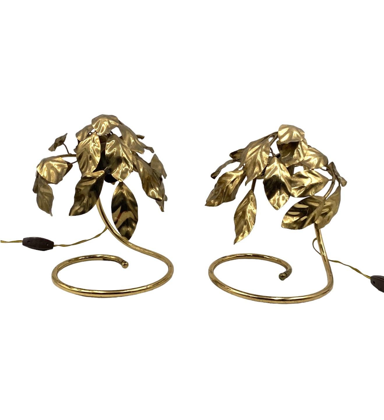 Hollywood regency set of 2 brass leaves table lamps, Bottega Gadda Italy, 1970s For Sale 8