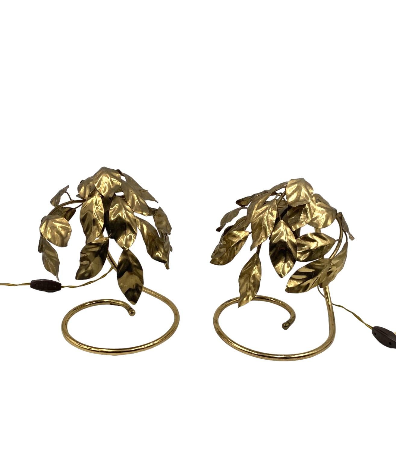 Hollywood regency set of 2 brass leaves table lamps, Bottega Gadda Italy, 1970s For Sale 9