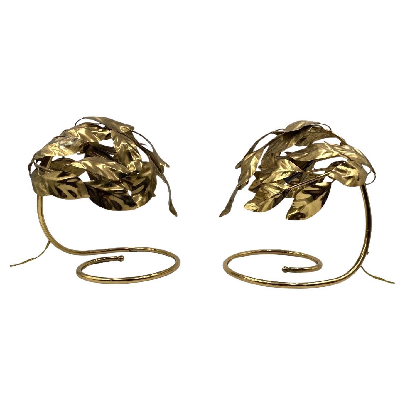Ensemble de 2 lampes de table à feuilles en laiton, Hollywood regency, Bottega Gadda Italie, 1970