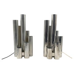 Hollywood regency set of 2 chromed table lamps, Sciolari Italy 1970s