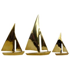 Hollywood Regency Set of Three Brass Sailing Boats Attributed to Curtis Jeré
