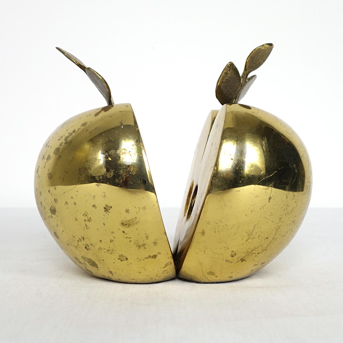 Dutch Hollywood Regency Set of Two Bookends in Brass Apple Halves Marked 