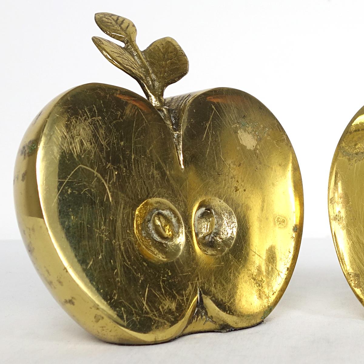 Hollywood Regency Set of Two Bookends in Brass Apple Halves Marked 