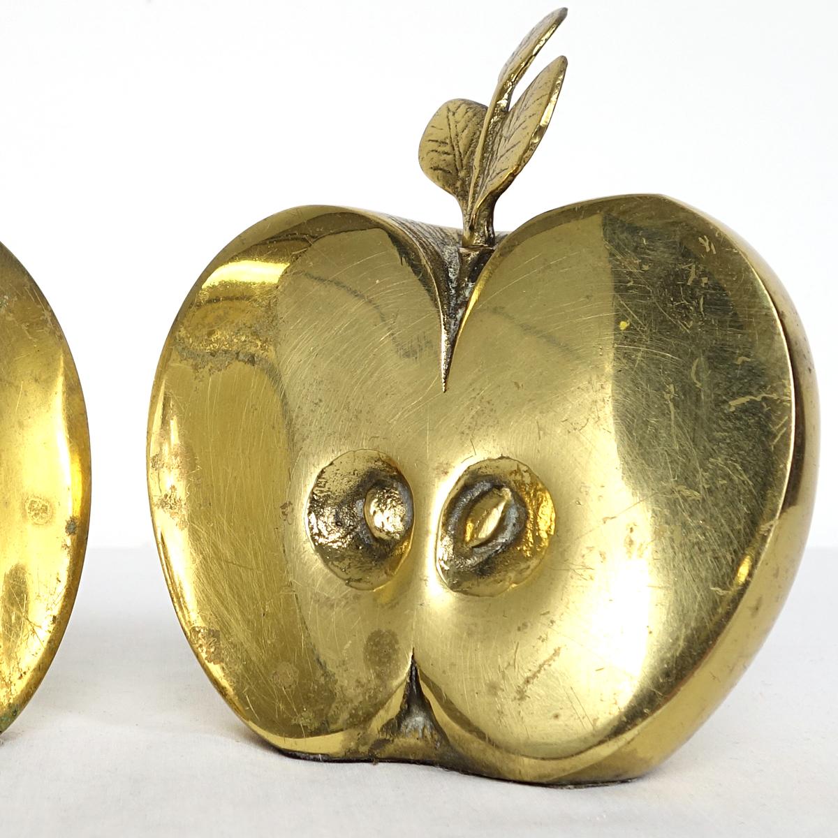 Hollywood Regency Set of Two Bookends in Brass Apple Halves Marked 