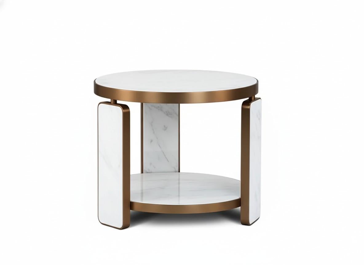 This exquisite round side table is a masterful blend of modern design and luxurious materials. The table is defined by a beautiful brass structure that elegantly frames its two distinct levels. The top features a round surface, while a second, lower