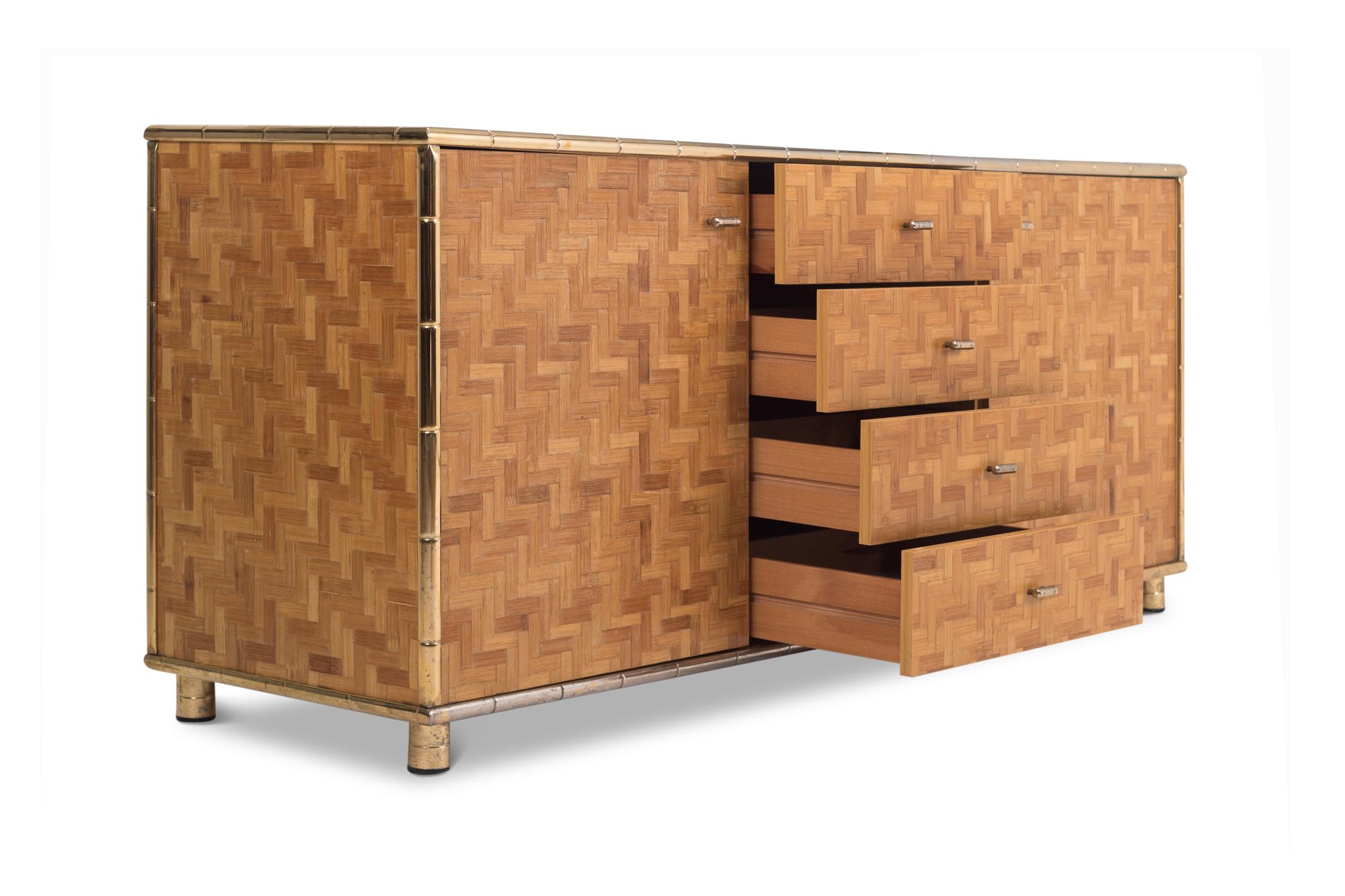 Brass Hollywood Regency Sideboard in Rattan and Bamboo, 1970s