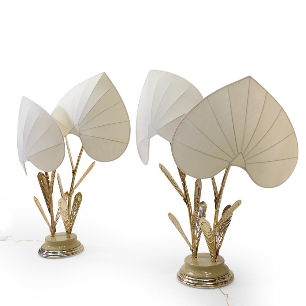 Mid-Century Modern Hollywood Regency Silk and Brass Table Lamps by Antonio Pavia, 1970s For Sale