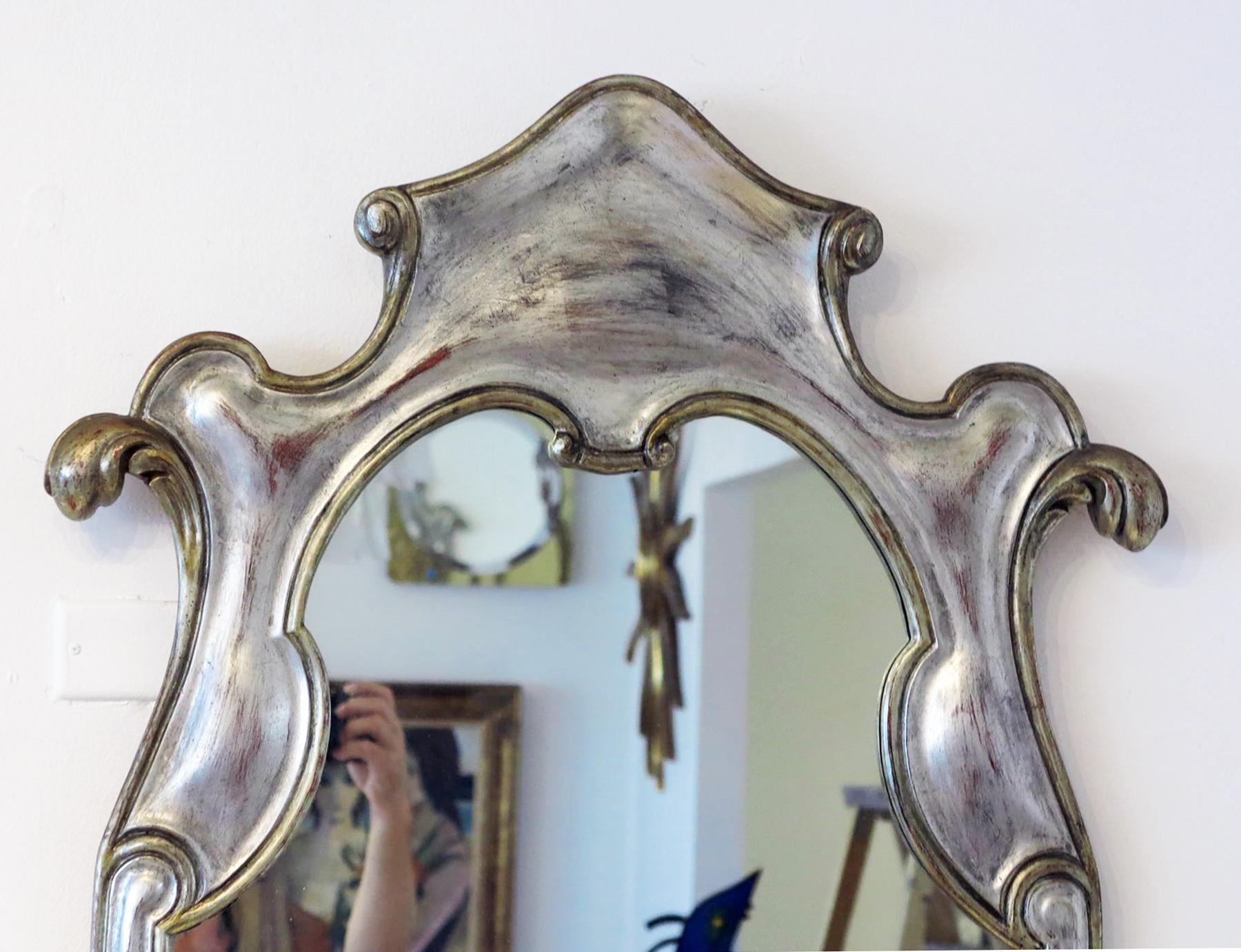 Hollywood Regency Silver gilt Carved Wooden Mirrors A Pair In Good Condition In West Palm Beach, FL