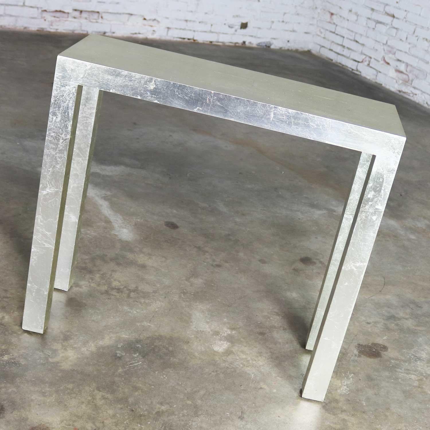 Hollywood Regency Silver Leafed Parsons Console Table and Mirror Set 4