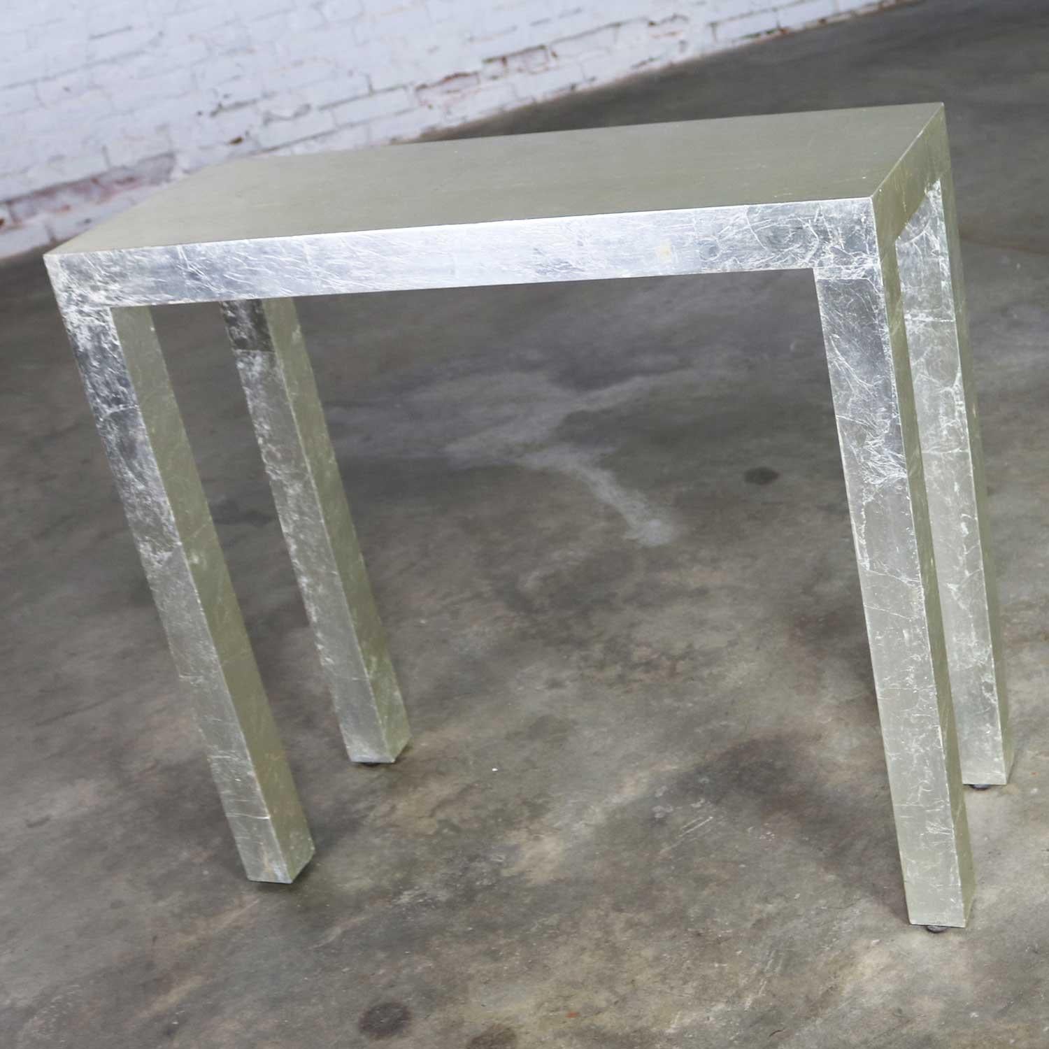 Hollywood Regency Silver Leafed Parsons Console Table and Mirror Set 7