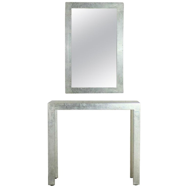 Hollywood Regency Silver Leafed Parsons Console Table And Mirror Set For At 1stdibs Hollywood Regency Silver Leafed Parsons, Mirrored Parsons Desk
