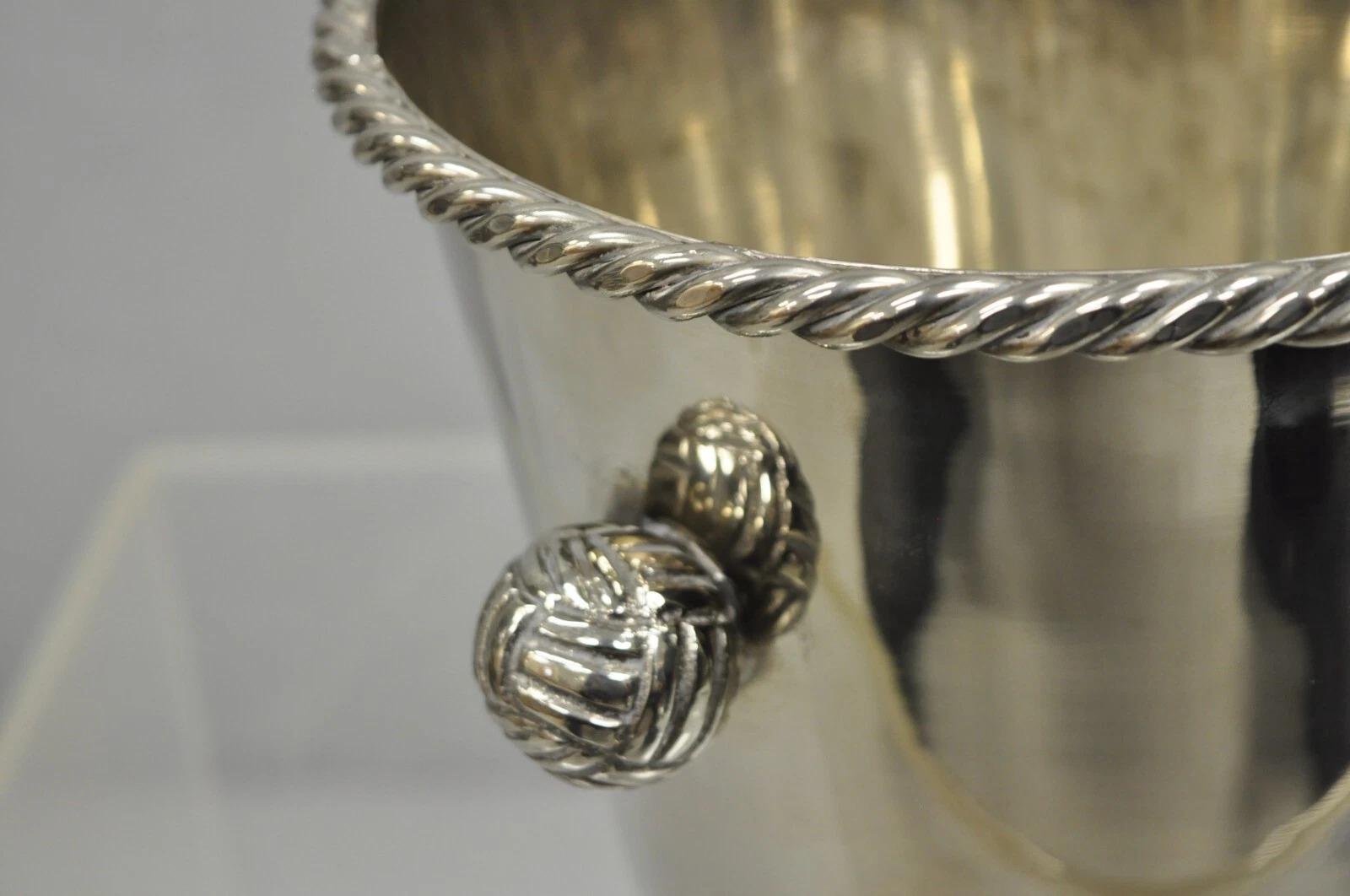 Hollywood Regency Cubitera enfriadora de champán chapada en plata con asas de nudo Desconocido en venta