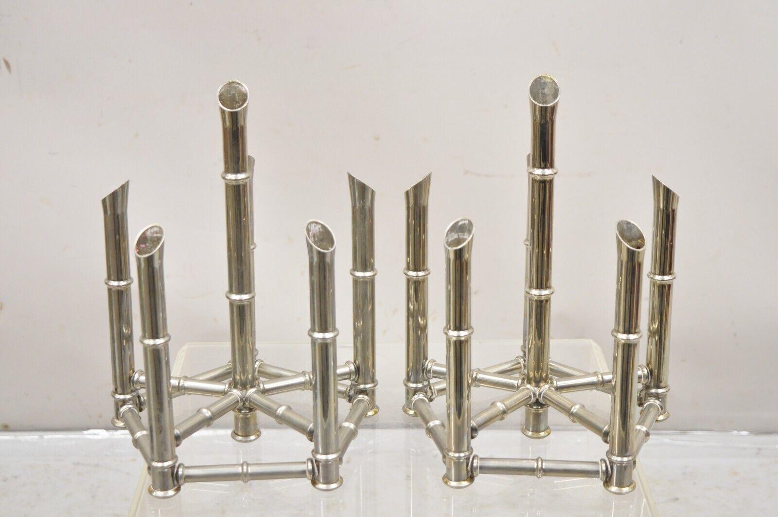 Vintage Hollywood Regency Silver Plated Chrome Faux Bamboo Candlestick Stands - a Pair. Item features 6 candle holders, faux bamboo design, very nice pair. Circa Mid 20th Century. Measurements:  19