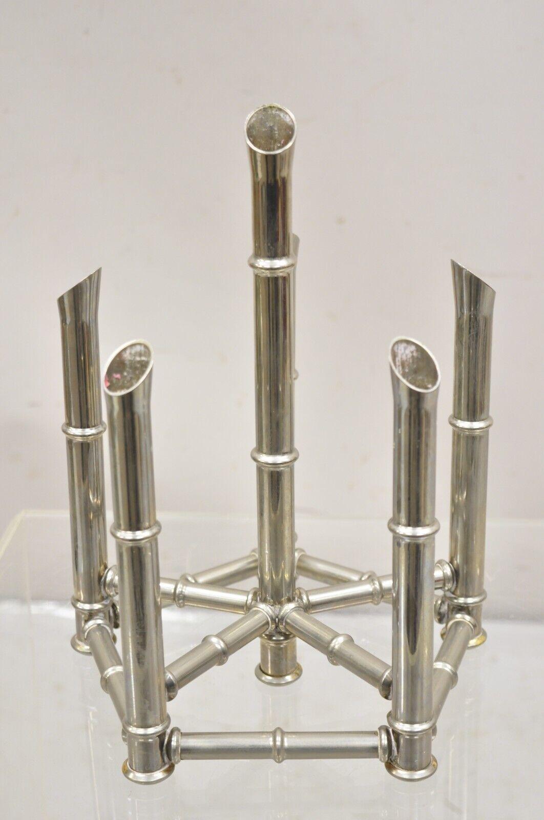 Hollywood Regency Silver Plated Chrome Faux Bamboo Candlestick Stands - a Pair For Sale 2