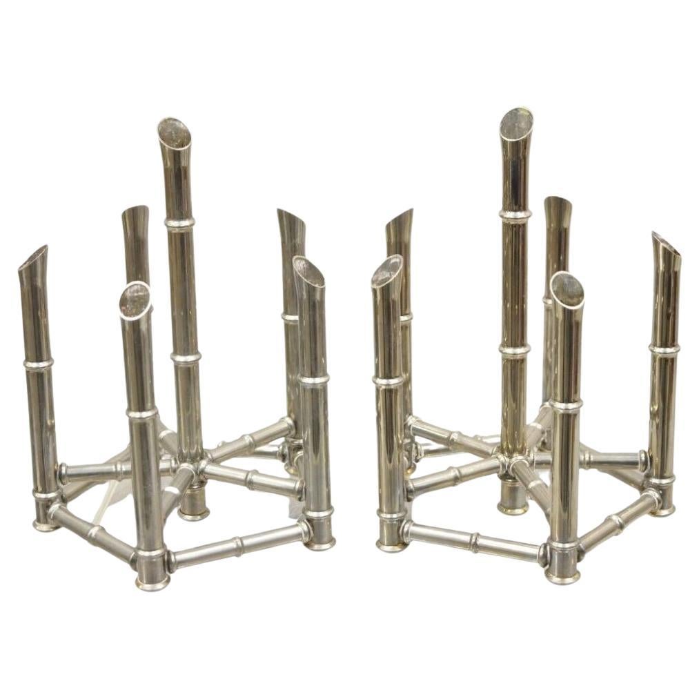 Hollywood Regency Silver Plated Chrome Faux Bamboo Candlestick Stands - a Pair