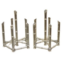 Vintage Hollywood Regency Silver Plated Chrome Faux Bamboo Candlestick Stands - a Pair