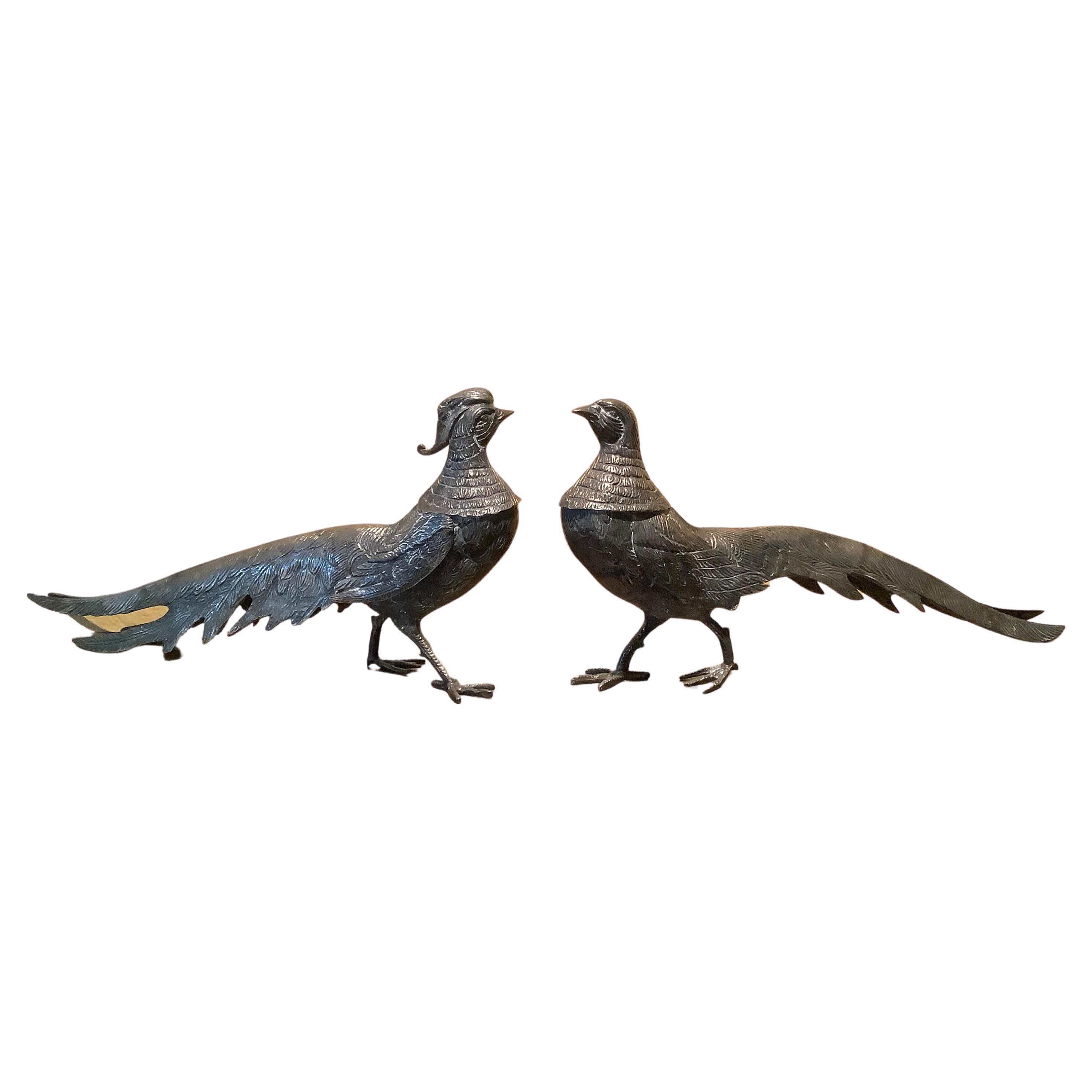 Hollywood Regency Silver-Plated Peacocks, a Pair