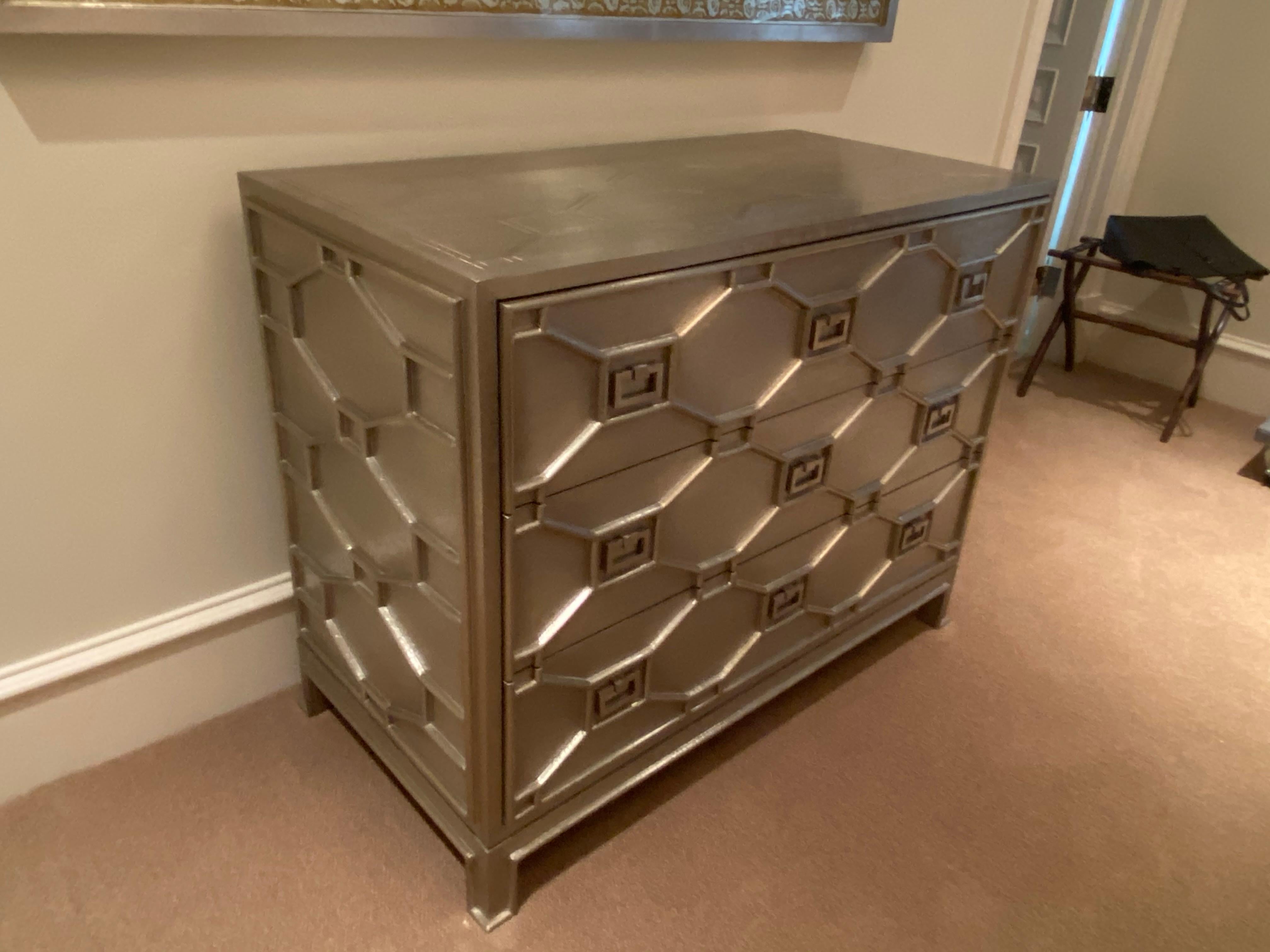 Understated elegance,
The Greenbrier chest is a chest with a three dimensional lattice design.
The oversized chest has three enormous fully lacquered drawers with full extension metal glides making this chest as functional as it is