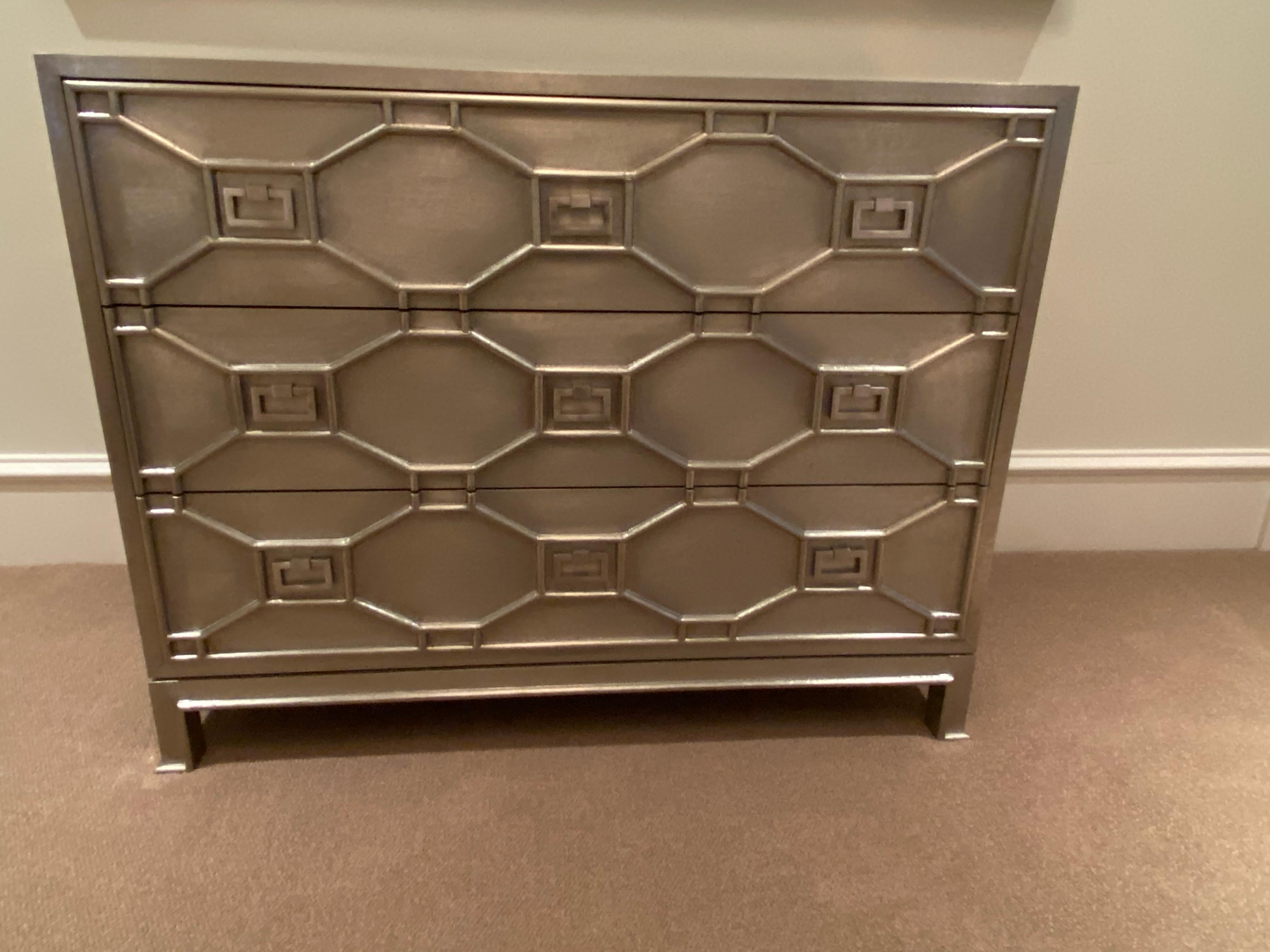 Hollywood Regency Silver Textured Oversized Chest of Drawers In Excellent Condition For Sale In Chicago, IL