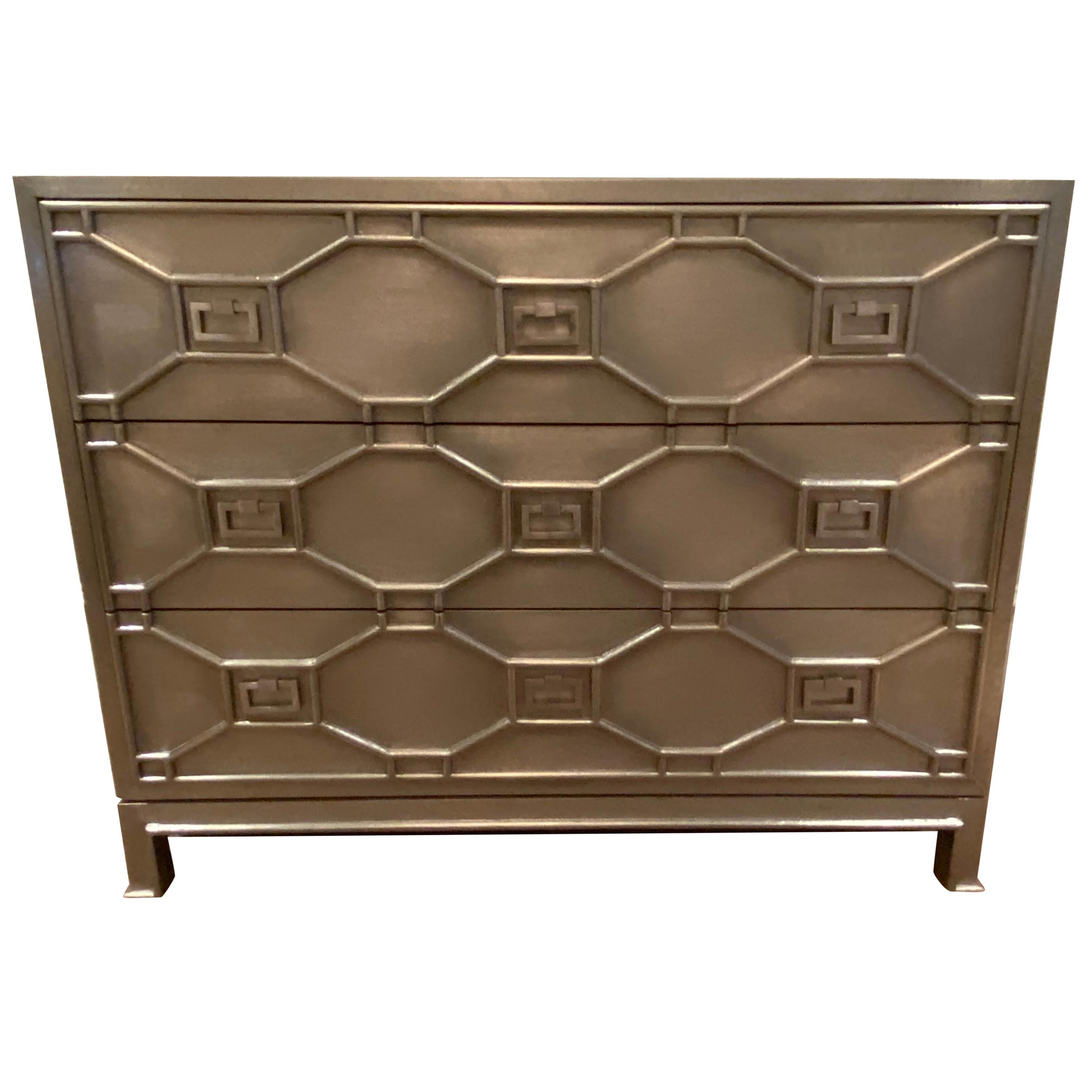 Hollywood Regency Silver Textured Oversized Chest of Drawers For Sale
