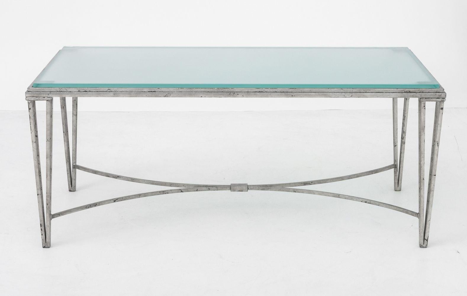 Hollywood Regency Silvered Metal and Inset Glass Low Table, open framework with tapering square legs, silvered over black ground. 17