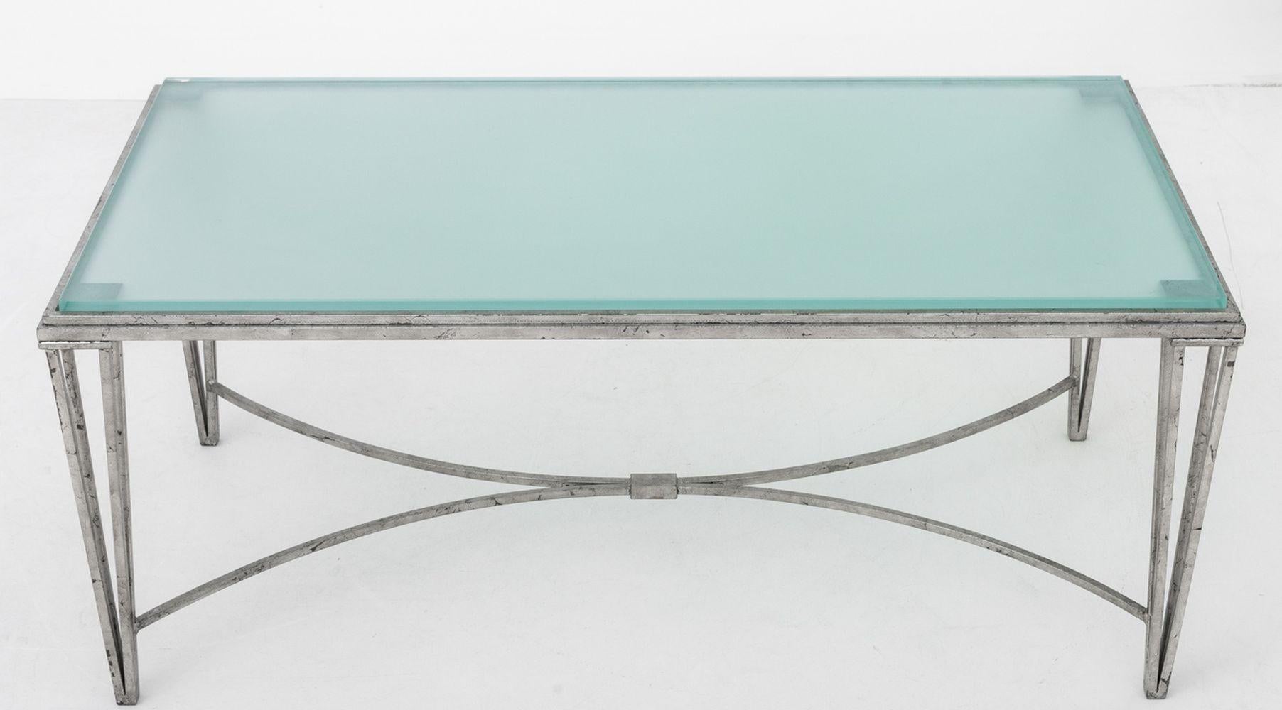 20th Century Hollywood Regency Silvered Metal & Glass Low Table For Sale