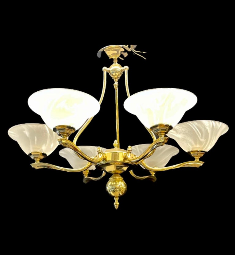 Hollywood Regency Six Light Chandelier Brass and Alabaster For Sale at ...