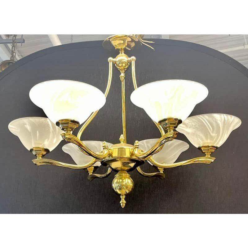 Hollywood Regency Six Light Chandelier Brass and Alabaster In Good Condition In Stamford, CT