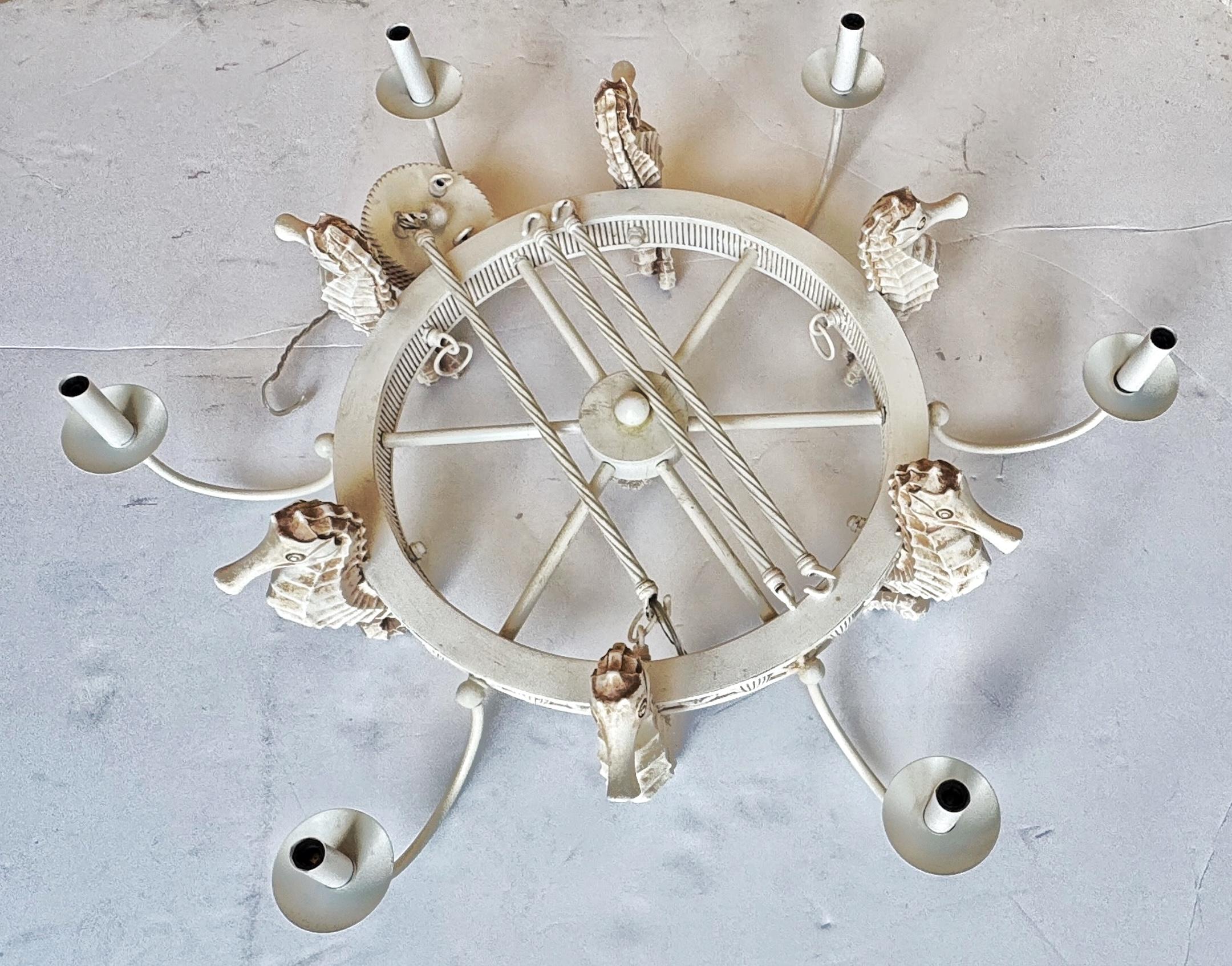 Lustre à six lumières à motif d'hippocampe et de corail Hollywood Regency, circa 1970 en vente 4