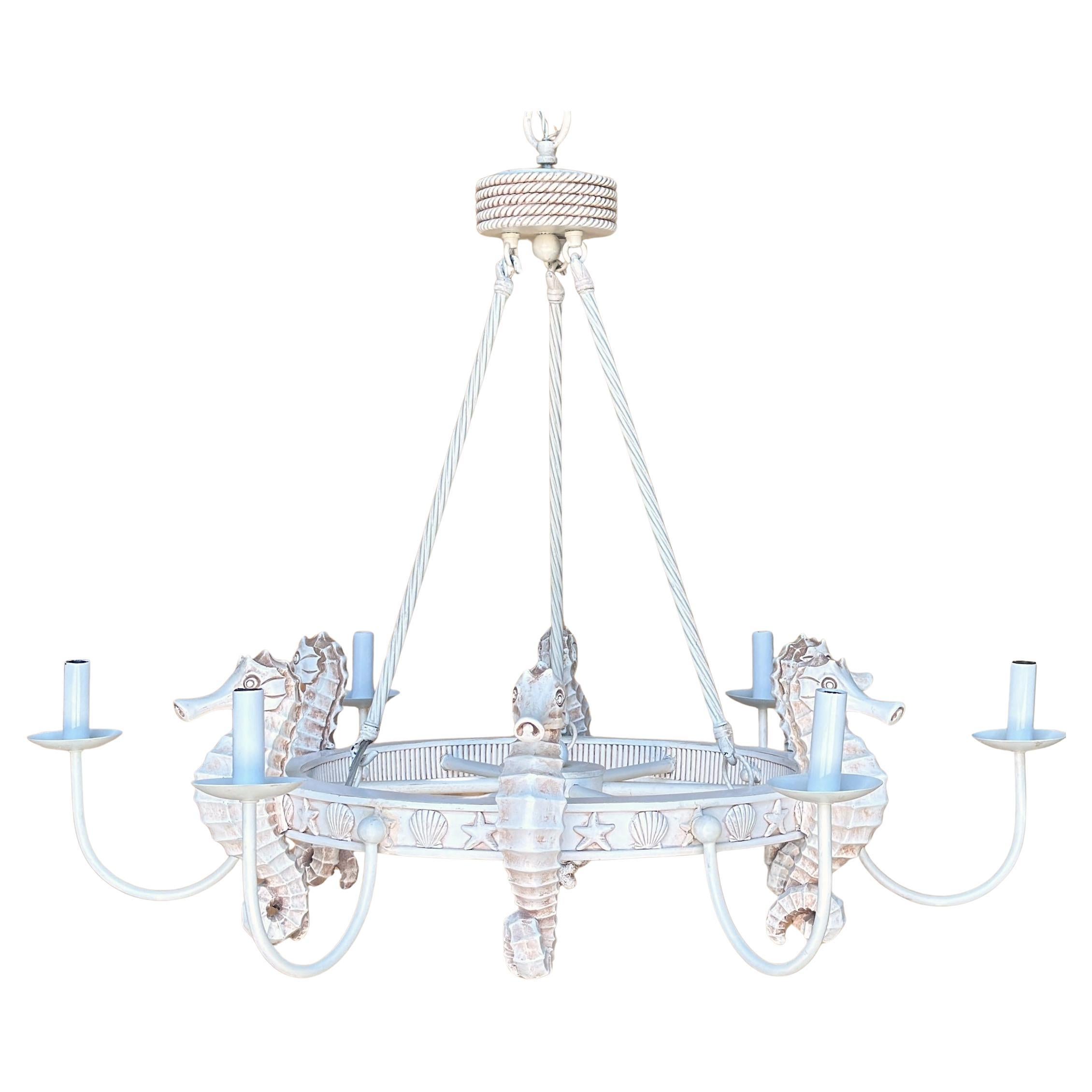 Lampadario Hollywood Regency a sei luci con motivo a cavalluccio marino e corallo, CIRCA ANNI '70