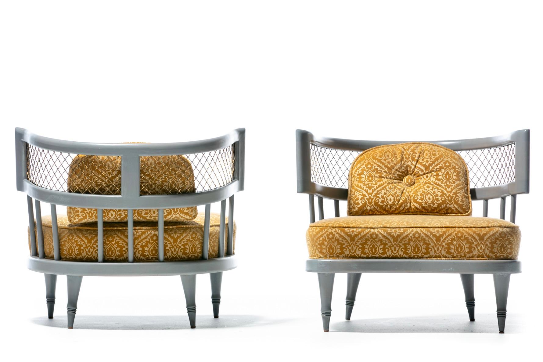 Hollywood Regency Slipper Chairs of Walnut and Brass in Italian Cut Velvet For Sale 12