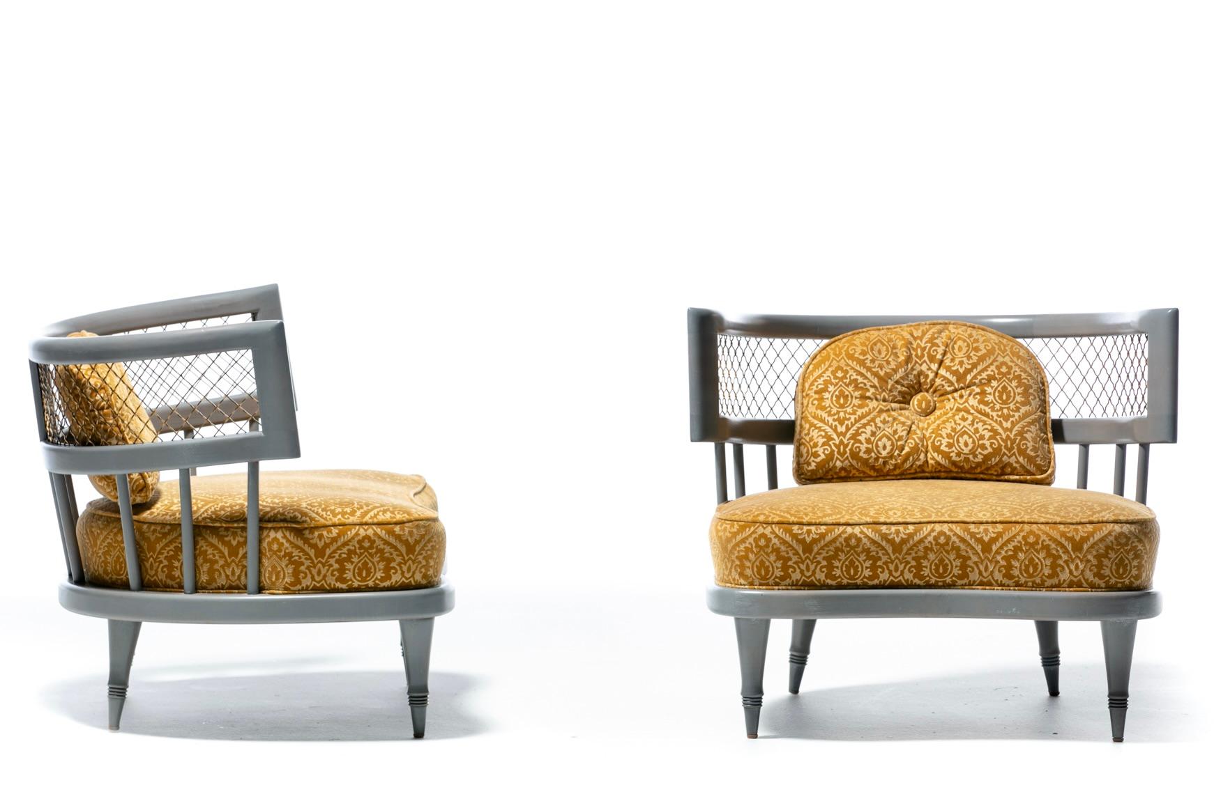 Hollywood Regency Slipper Chairs of Walnut and Brass in Italian Cut Velvet For Sale 13