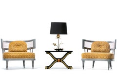 Hollywood Regency Slipper Chairs of Walnut and Brass in Italian Cut Velvet