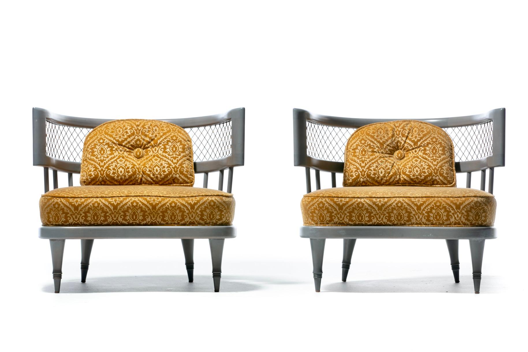 Hollywood Regency Slipper Chairs of Walnut and Brass in Italian Cut Velvet For Sale 15